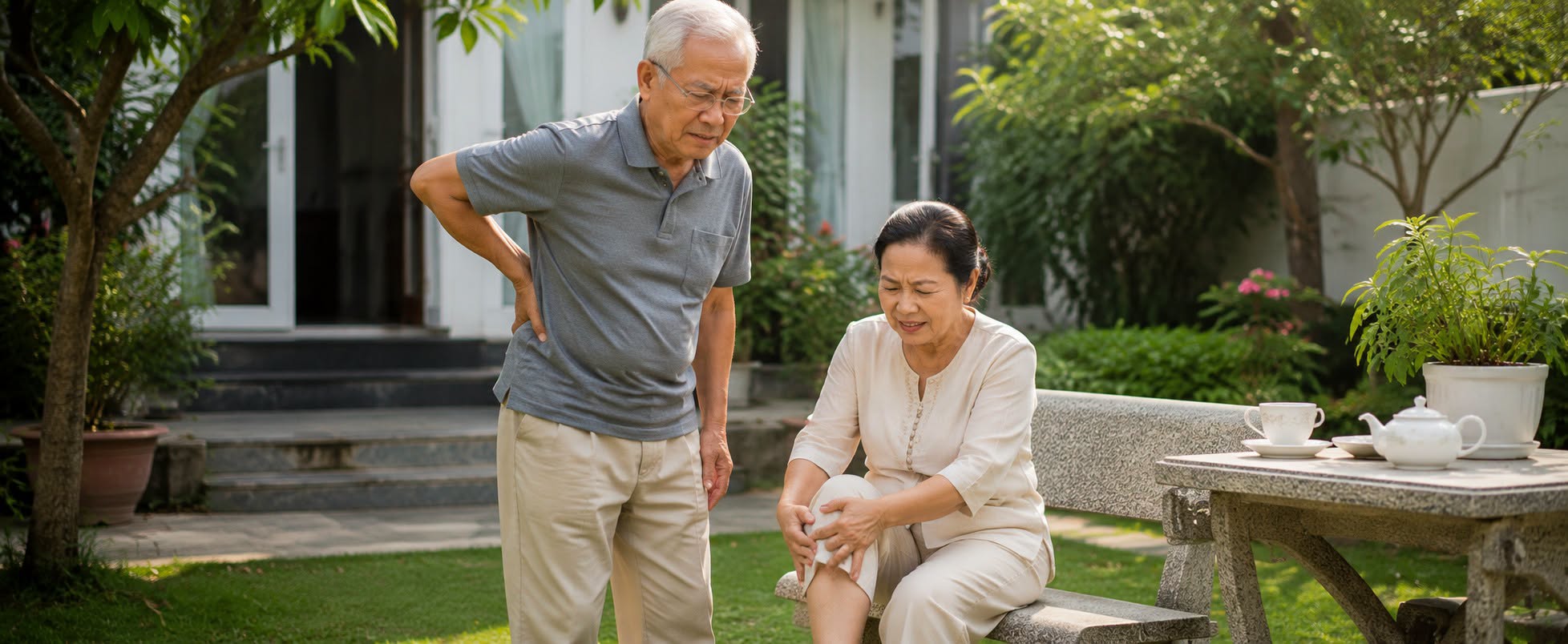 Vợ chồng lớn tuổi đau lưng, đau gối ngoài sân