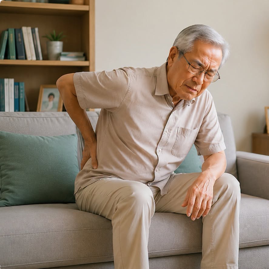 Người lớn tuổi đau lưng khi ngồi trên ghế ở nhà