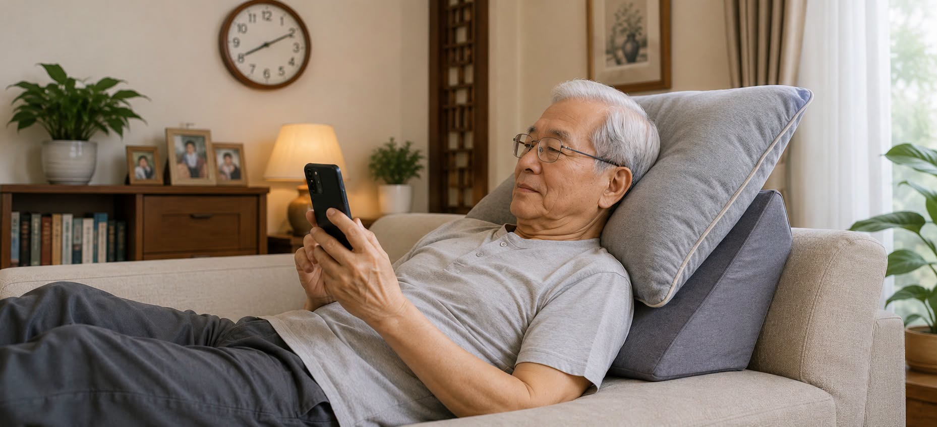Người lớn tuổi nằm trên sofa xem video ngắn trên điện thoại