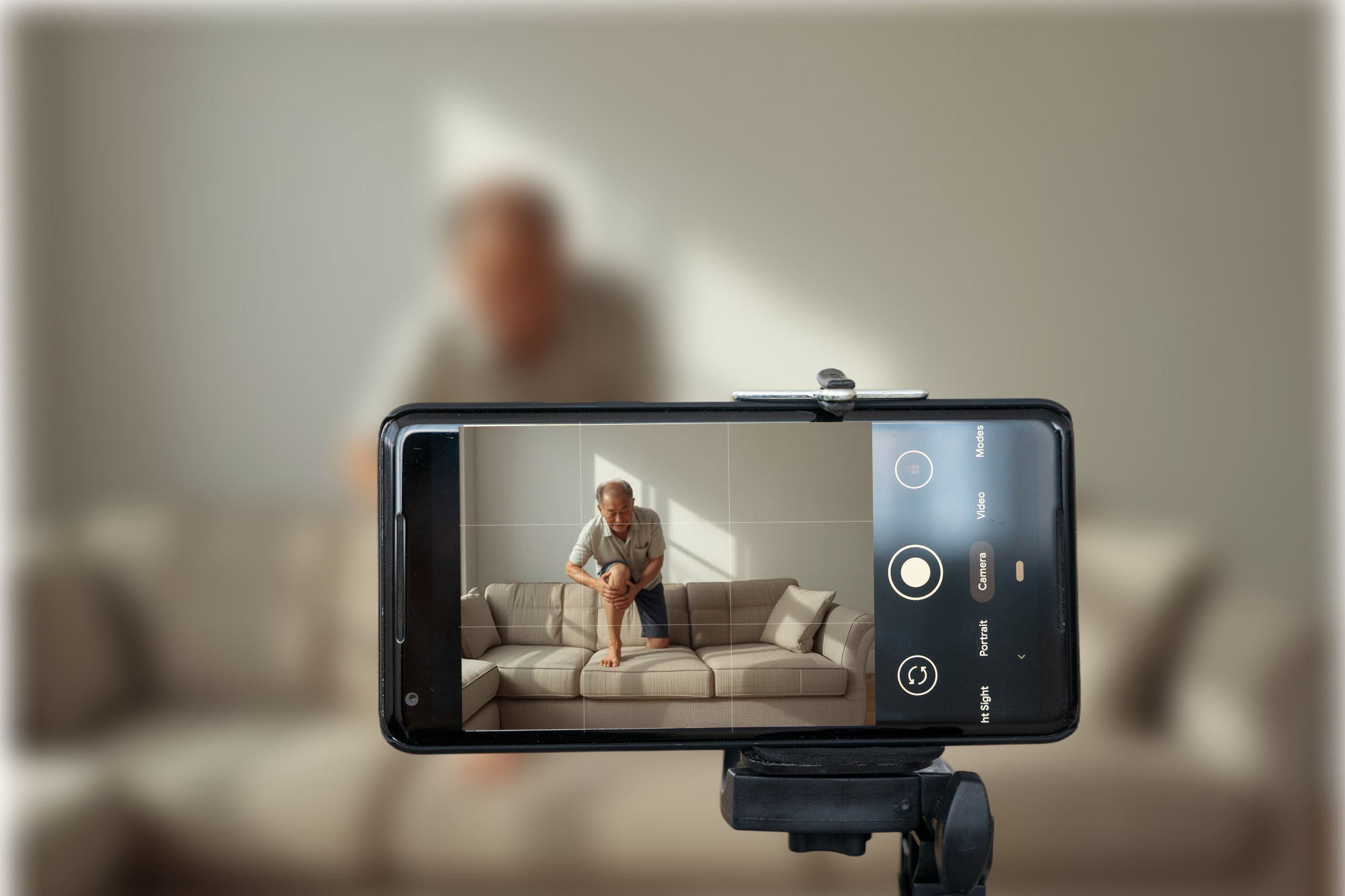 Quay video bài tập bằng điện thoại trên chân máy để đăng vào nhóm
